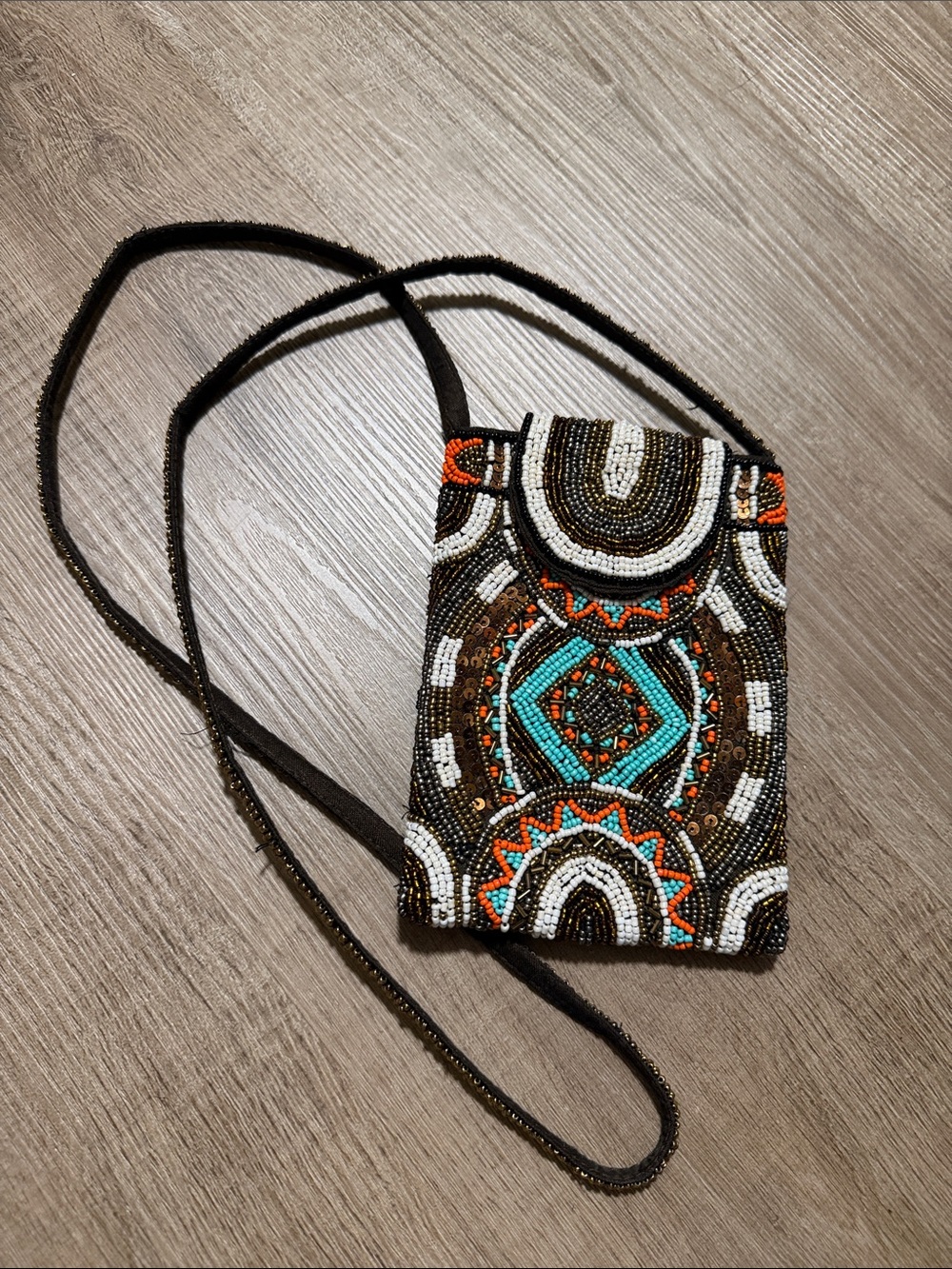 Beaded Crossbody Phone Pouch - Brown, Turquoise & Orange